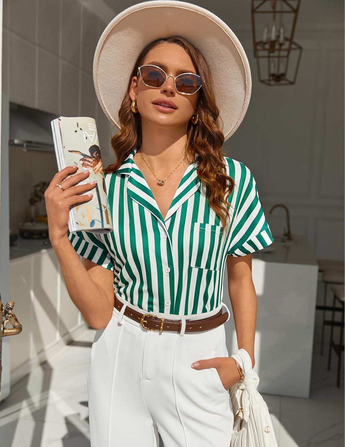 imageEkouaer Womens Button Down Pajamas Set 2 Piece Sleepwear Short Sleeve Pjs Soft Stripe Lounge SetsGreen White Stripe