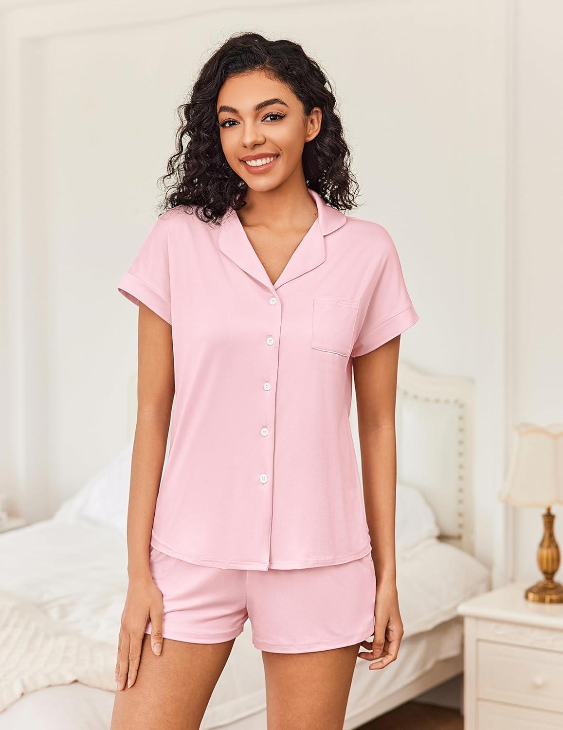 imageEkouaer Womens Button Down Pajamas Set 2 Piece Sleepwear Short Sleeve Pjs Soft Stripe Lounge SetsPink