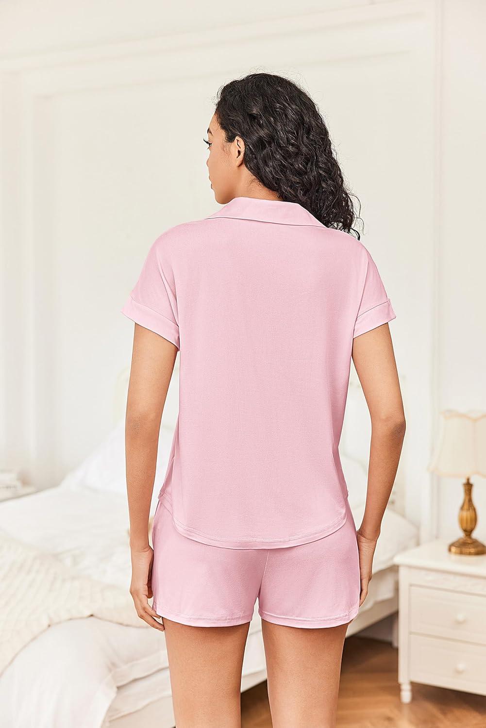 imageEkouaer Womens Button Down Pajamas Set 2 Piece Sleepwear Short Sleeve Pjs Soft Stripe Lounge SetsPink