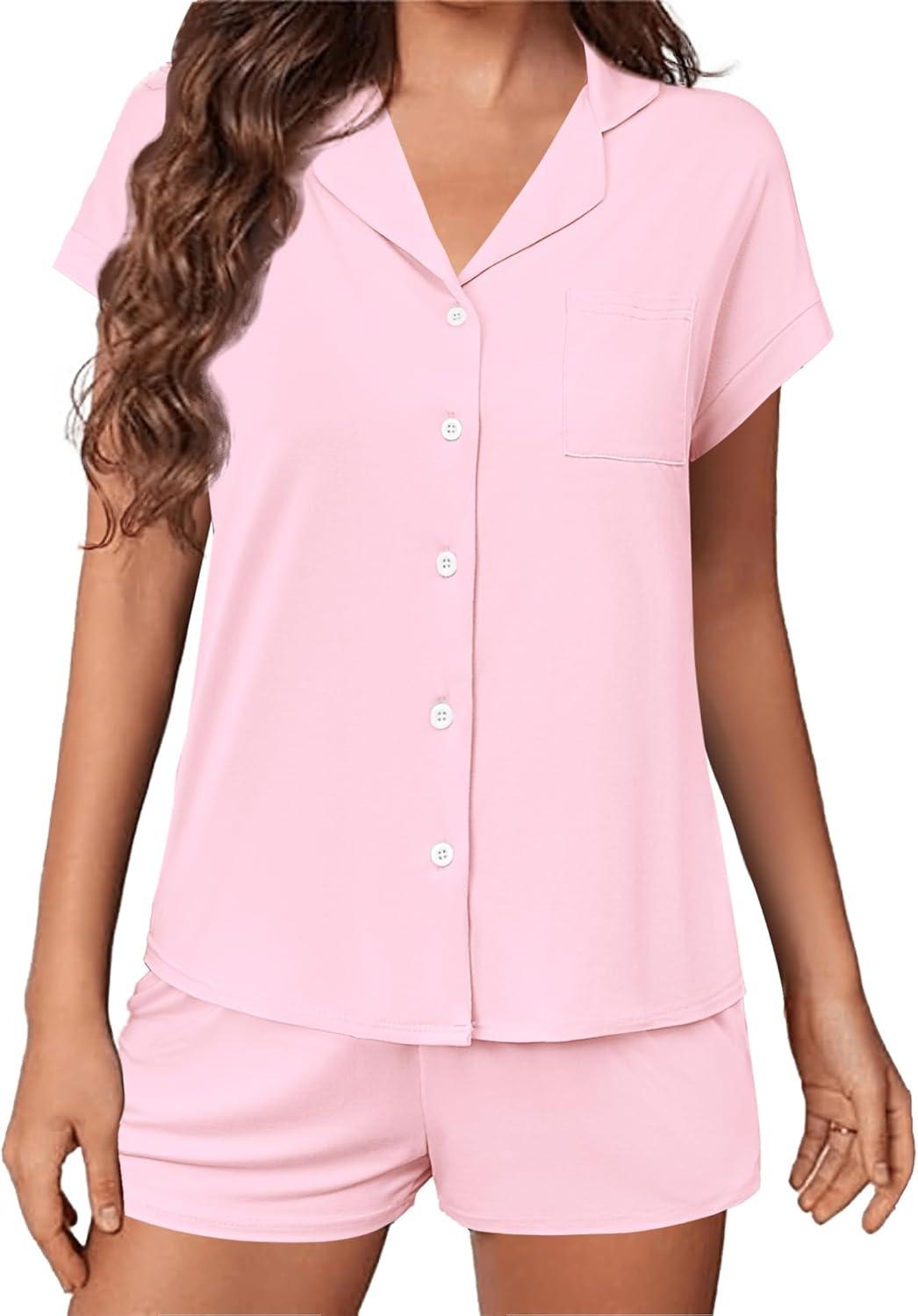 imageEkouaer Womens Button Down Pajamas Set 2 Piece Sleepwear Short Sleeve Pjs Soft Stripe Lounge SetsPink