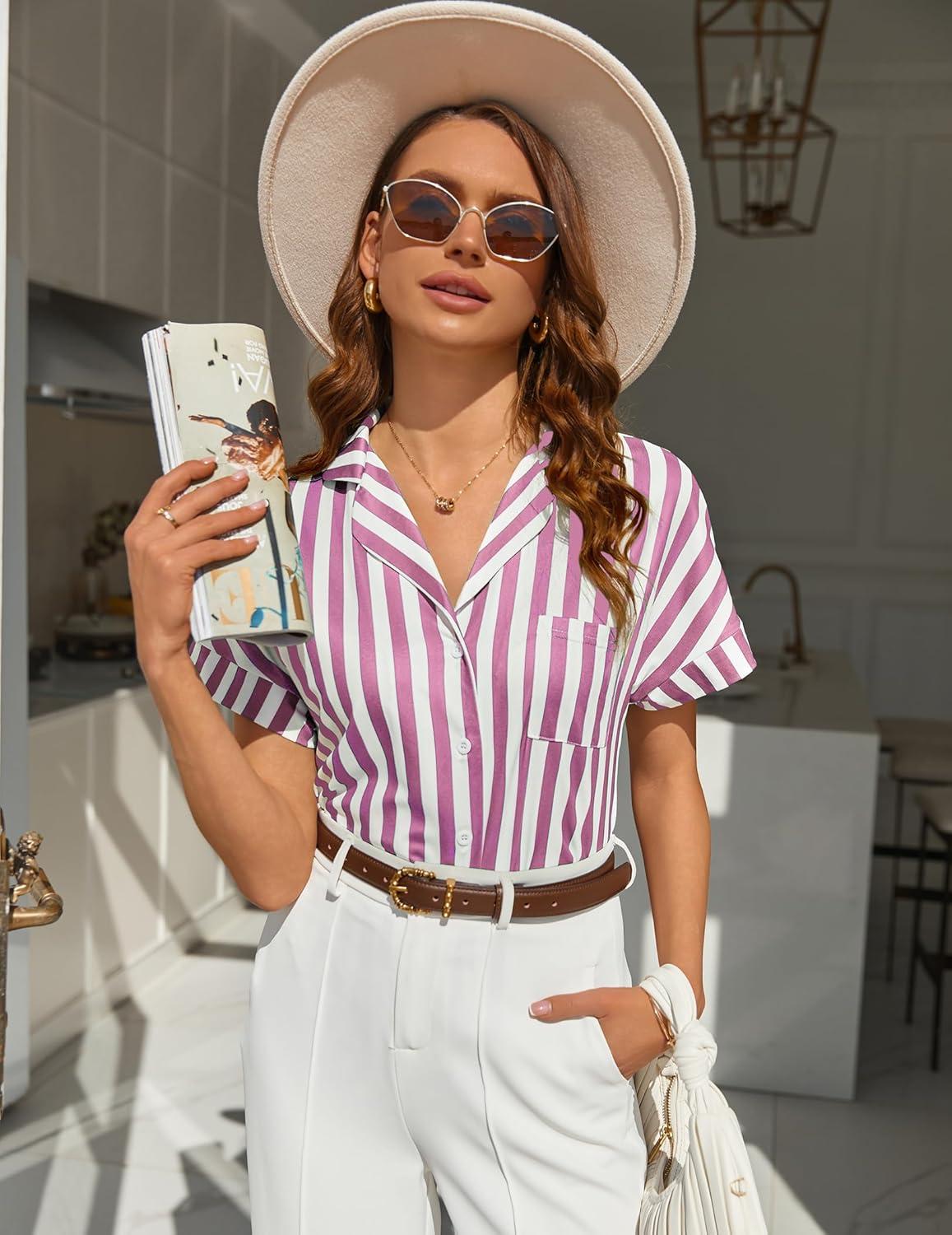 imageEkouaer Womens Button Down Pajamas Set 2 Piece Sleepwear Short Sleeve Pjs Soft Stripe Lounge SetsPurple White Stripe
