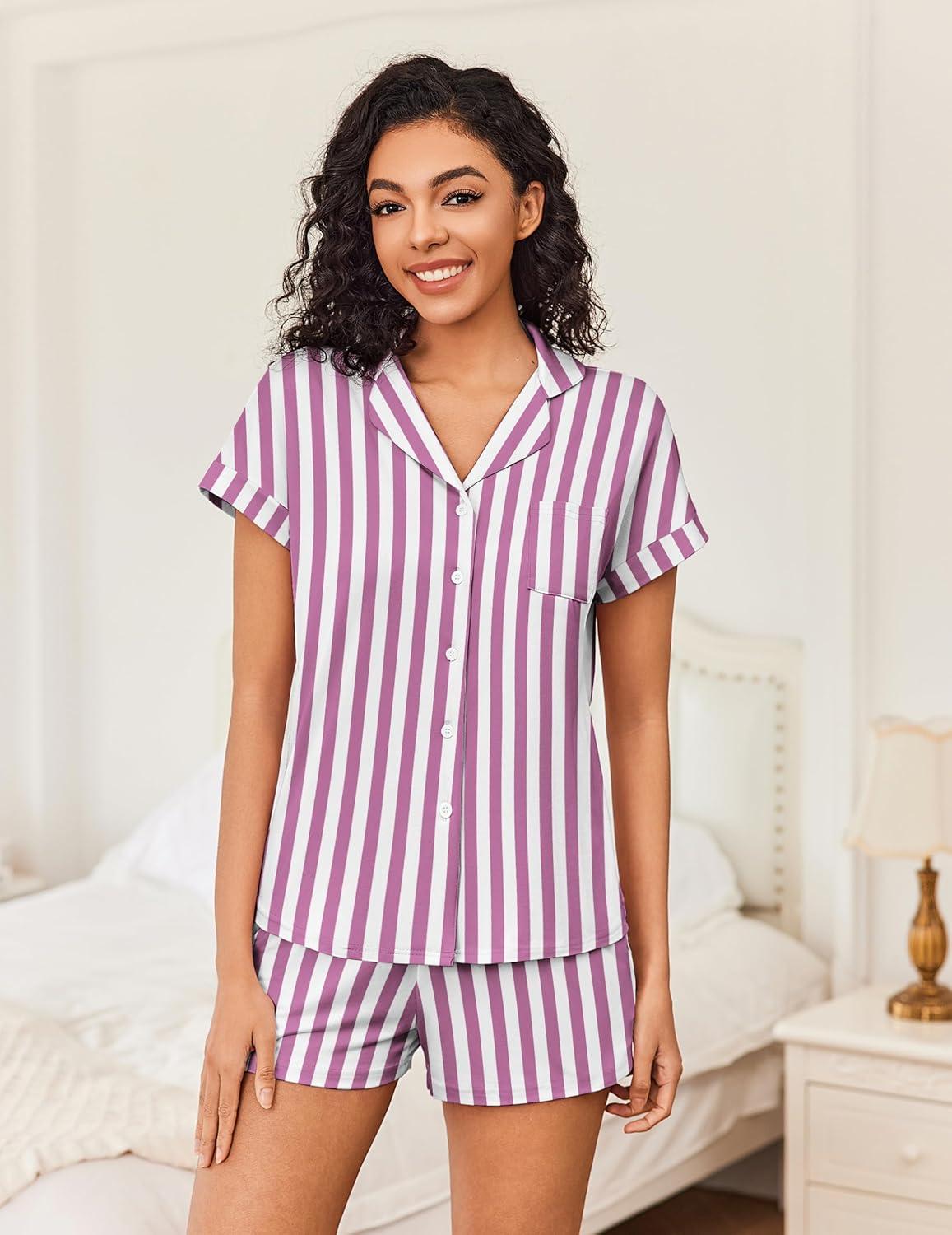 imageEkouaer Womens Button Down Pajamas Set 2 Piece Sleepwear Short Sleeve Pjs Soft Stripe Lounge SetsPurple White Stripe