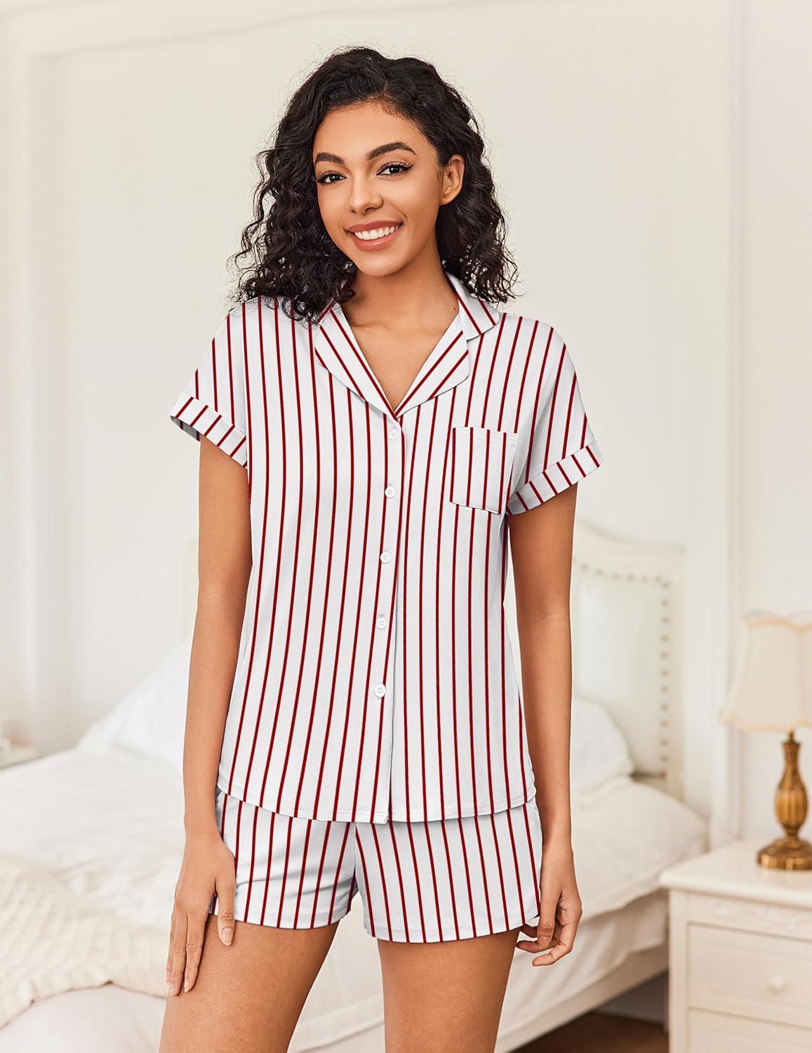 imageEkouaer Womens Button Down Pajamas Set 2 Piece Sleepwear Short Sleeve Pjs Soft Stripe Lounge SetsRed White Stripe
