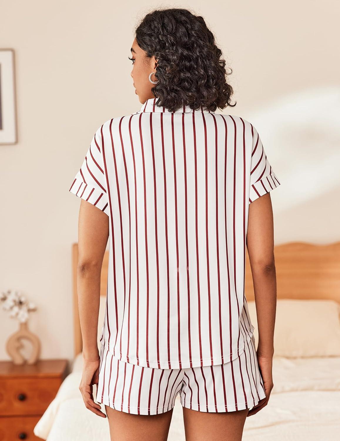 imageEkouaer Womens Button Down Pajamas Set 2 Piece Sleepwear Short Sleeve Pjs Soft Stripe Lounge SetsRed White Stripe