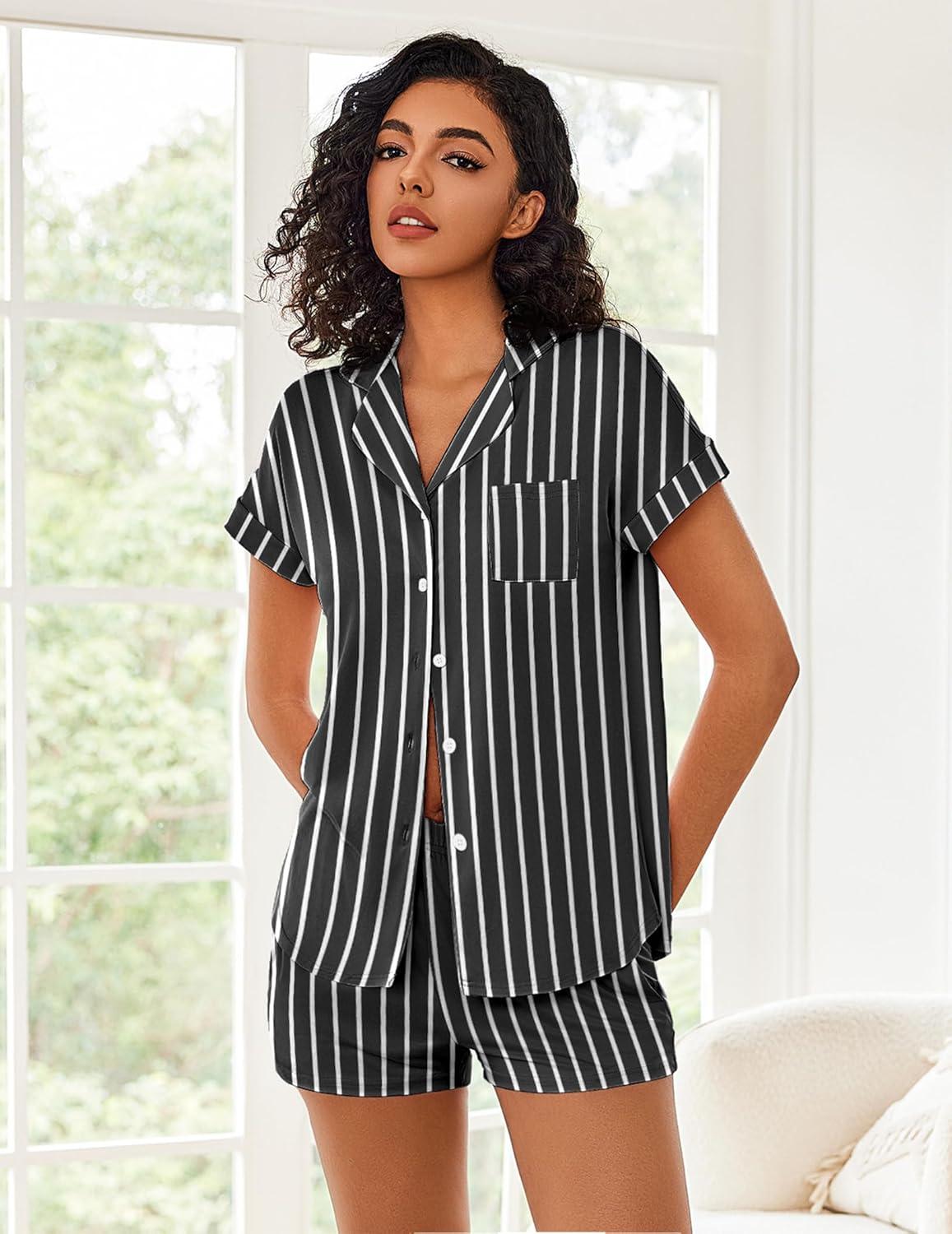 imageEkouaer Womens Button Down Pajamas Set 2 Piece Sleepwear Short Sleeve Pjs Soft Stripe Lounge SetsWhite Black Stripe