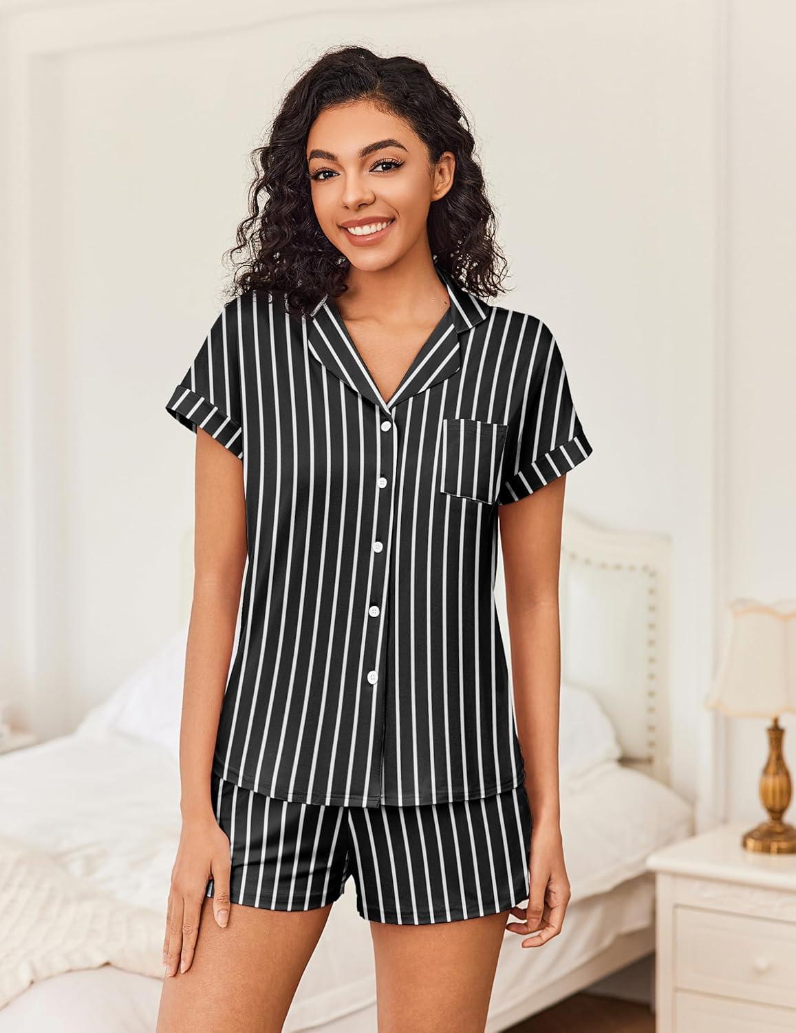 imageEkouaer Womens Button Down Pajamas Set 2 Piece Sleepwear Short Sleeve Pjs Soft Stripe Lounge SetsWhite Black Stripe