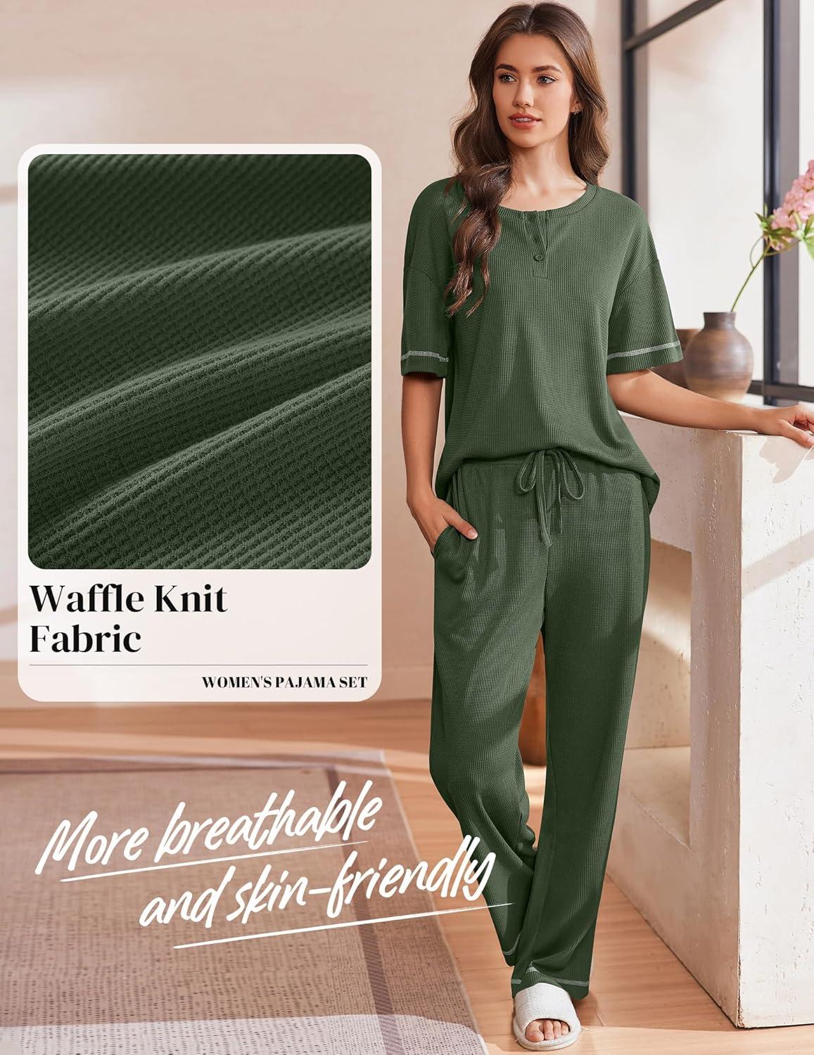 imageEkouaer Womens Pajama Sets Waffle Knit Pajamas for Women Set Loungewear 2 Piece Pjs with Pockets Short Sleeve Top Long PantArmy Green