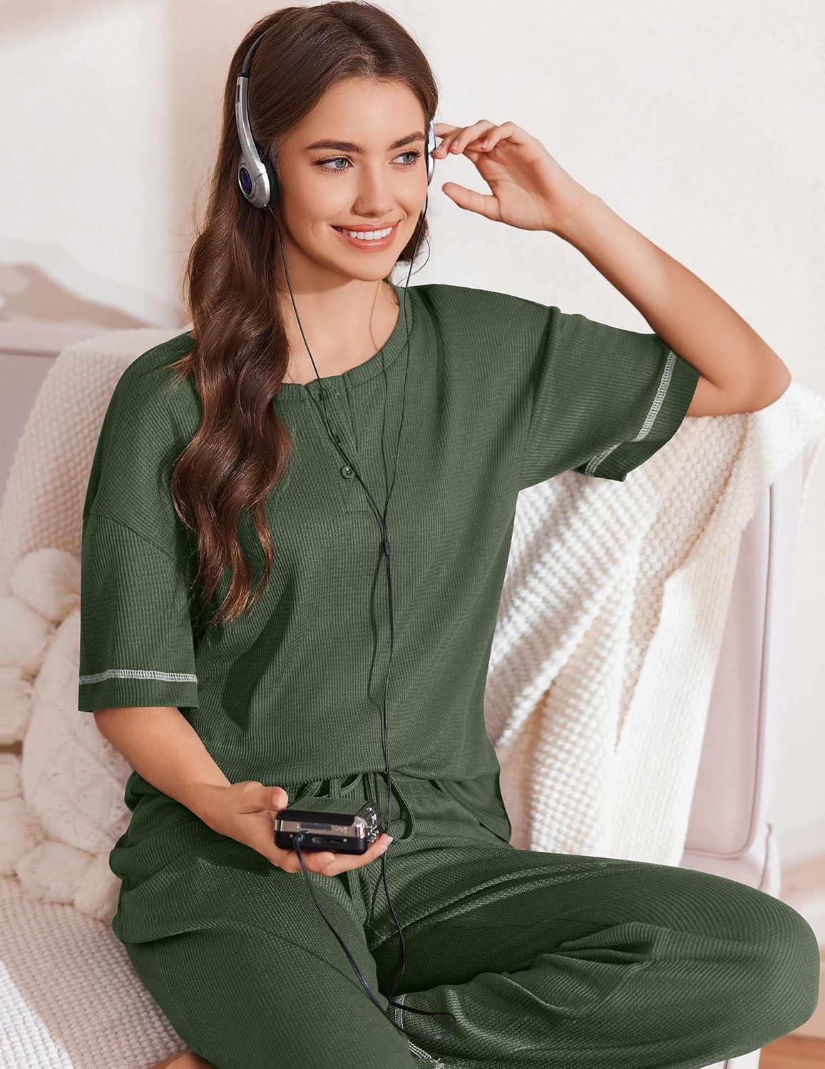 imageEkouaer Womens Pajama Sets Waffle Knit Pajamas for Women Set Loungewear 2 Piece Pjs with Pockets Short Sleeve Top Long PantArmy Green
