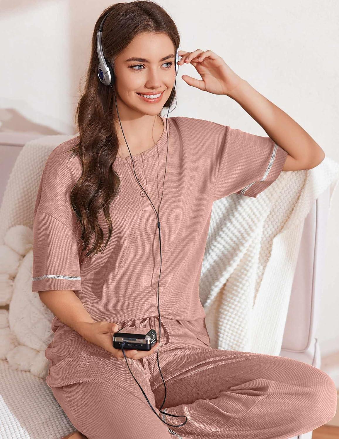 imageEkouaer Womens Pajama Sets Waffle Knit Pajamas for Women Set Loungewear 2 Piece Pjs with Pockets Short Sleeve Top Long PantLotus Root Pink