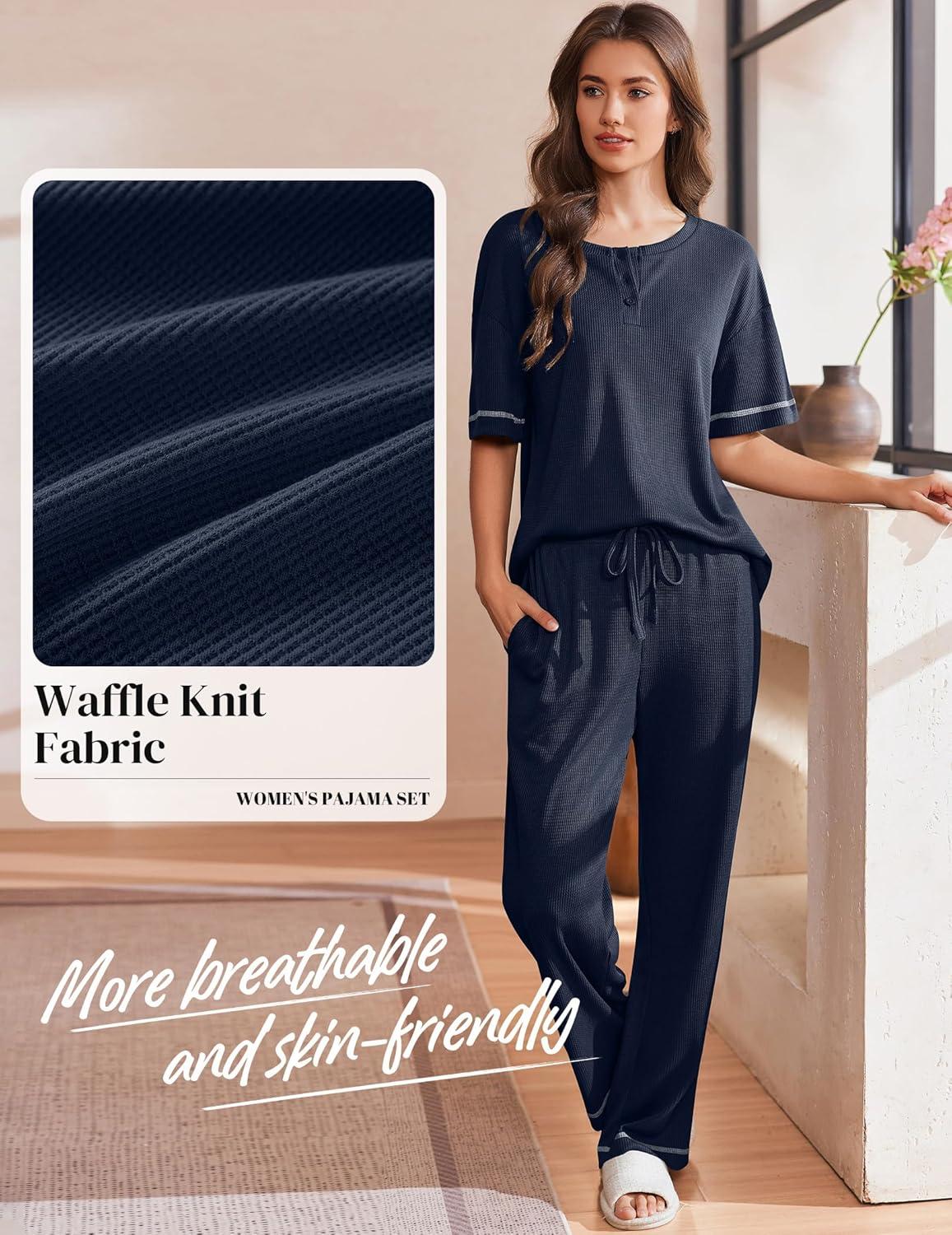 imageEkouaer Womens Pajama Sets Waffle Knit Pajamas for Women Set Loungewear 2 Piece Pjs with Pockets Short Sleeve Top Long PantNavy