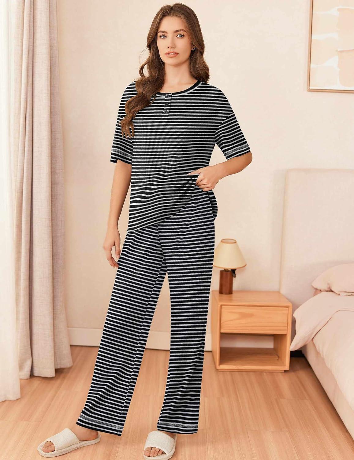 imageEkouaer Womens Pajama Sets Waffle Knit Pajamas for Women Set Loungewear 2 Piece Pjs with Pockets Short Sleeve Top Long PantStripeblack White