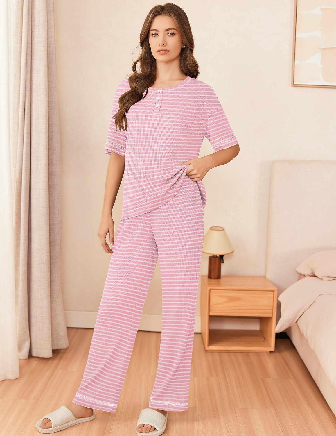 imageEkouaer Womens Pajama Sets Waffle Knit Pajamas for Women Set Loungewear 2 Piece Pjs with Pockets Short Sleeve Top Long PantStripepink White