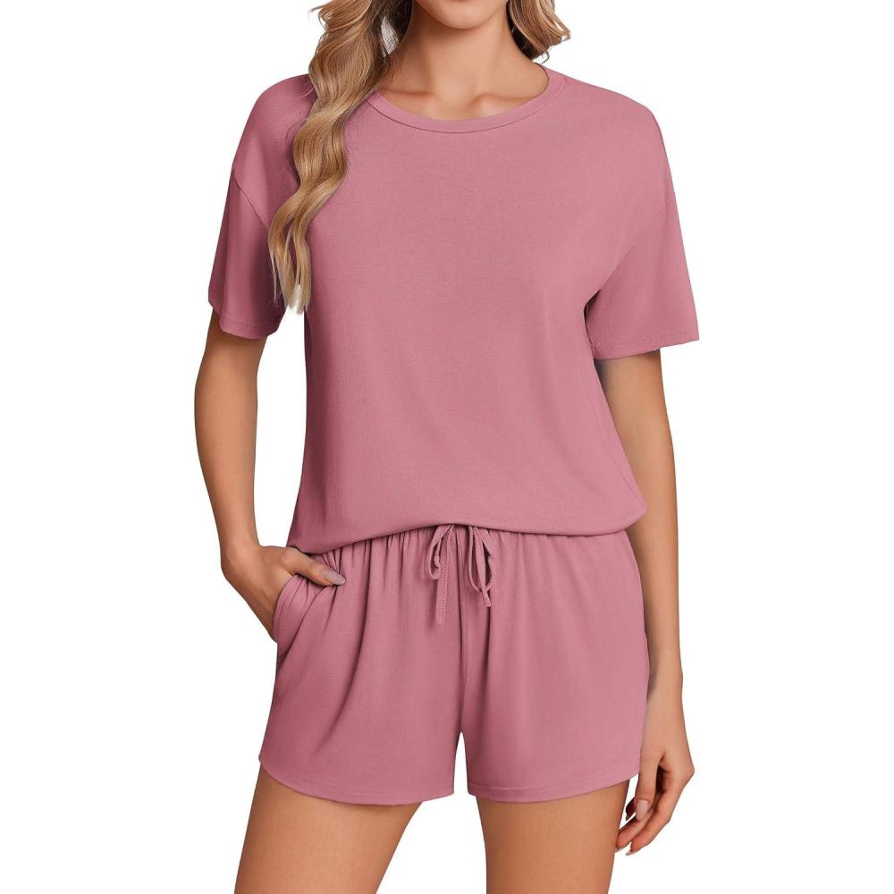 imageEkouaer Pajama Set for Women Viscose from Bamboo Short Sleeve Tops and Shorts Set 2 Piece Lounge SetDark Pink