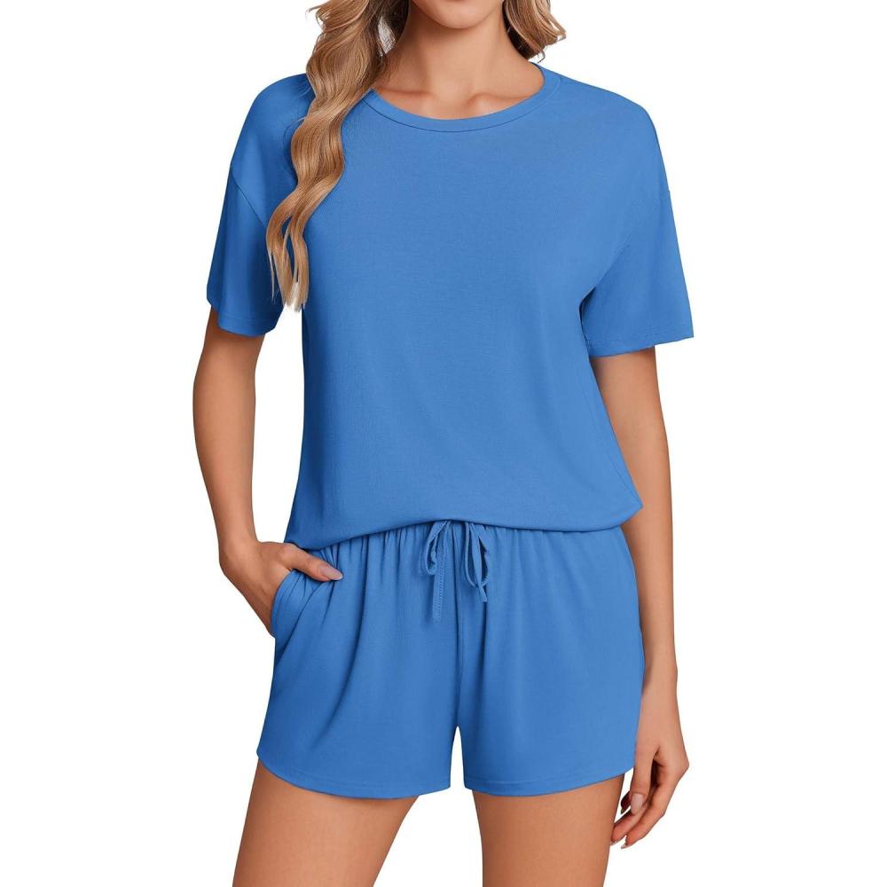 imageEkouaer Pajama Set for Women Viscose from Bamboo Short Sleeve Tops and Shorts Set 2 Piece Lounge SetNavy Blue