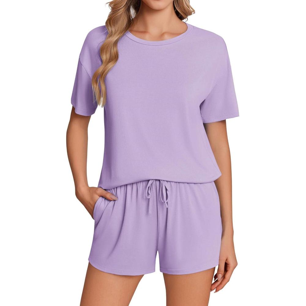 imageEkouaer Pajama Set for Women Viscose from Bamboo Short Sleeve Tops and Shorts Set 2 Piece Lounge SetPurple