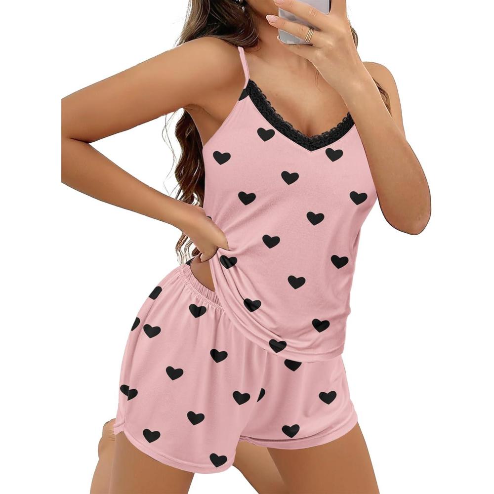 imageEkouaer Pajama Sets for Women 2 Piece Soft Lingerie Sleepwear Cute Print Cami Pj Shorts Set Lace NightwearBlack Heart