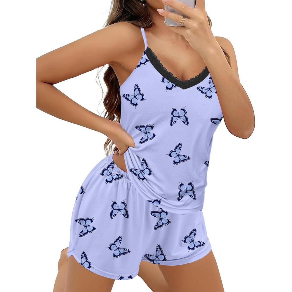 imageEkouaer Pajama Sets for Women 2 Piece Soft Lingerie Sleepwear Cute Print Cami Pj Shorts Set Lace NightwearBlue Butterfly