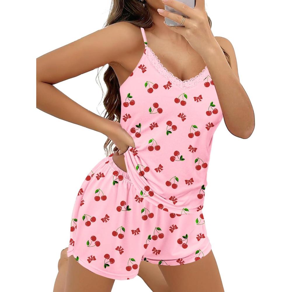 imageEkouaer Pajama Sets for Women 2 Piece Soft Lingerie Sleepwear Cute Print Cami Pj Shorts Set Lace NightwearCherry