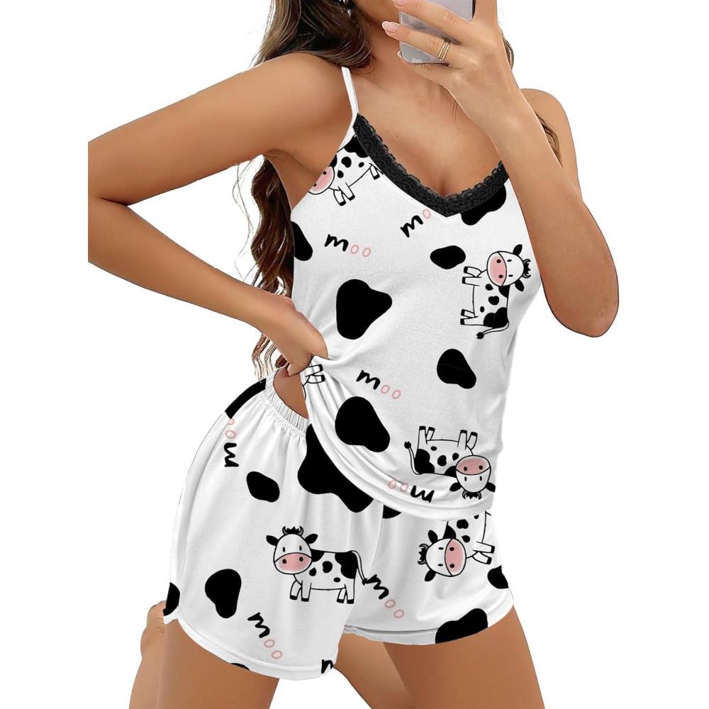 imageEkouaer Pajama Sets for Women 2 Piece Soft Lingerie Sleepwear Cute Print Cami Pj Shorts Set Lace NightwearCow