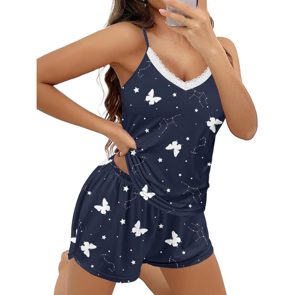 imageEkouaer Pajama Sets for Women 2 Piece Soft Lingerie Sleepwear Cute Print Cami Pj Shorts Set Lace NightwearNavy Blue Star
