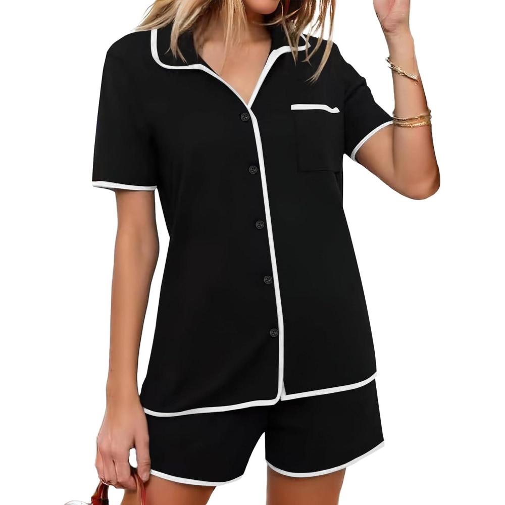 imageEkouaer Pajamas Set for Women Short Sleeve Casual Sleepwear Button Down Pj Sets Shorts Soft Loungewear for SummerSXXLBlack