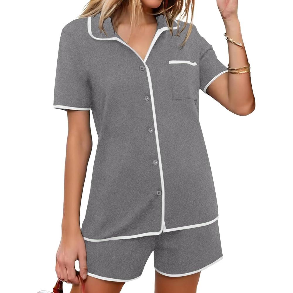 imageEkouaer Pajamas Set for Women Short Sleeve Casual Sleepwear Button Down Pj Sets Shorts Soft Loungewear for SummerSXXLGrey
