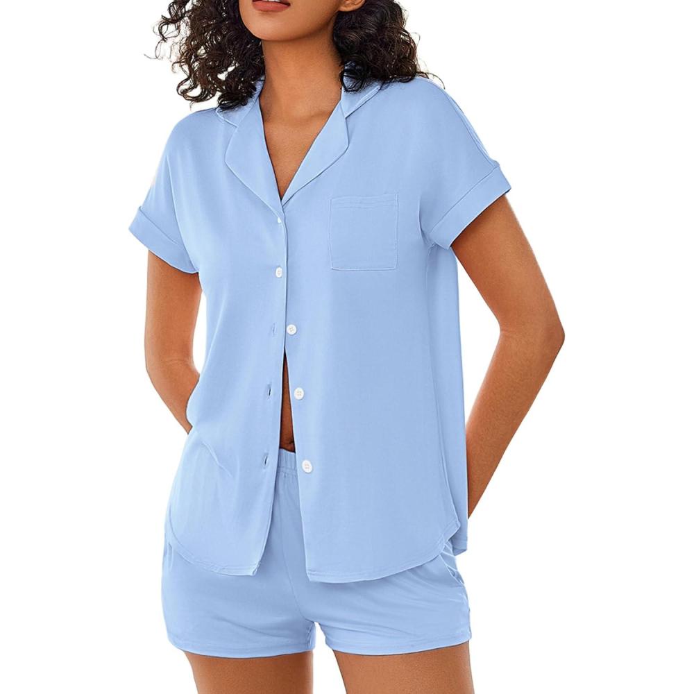 imageEkouaer Womens Button Down Pajamas Set 2 Piece Sleepwear Short Sleeve Pjs Soft Stripe Lounge SetsBlue