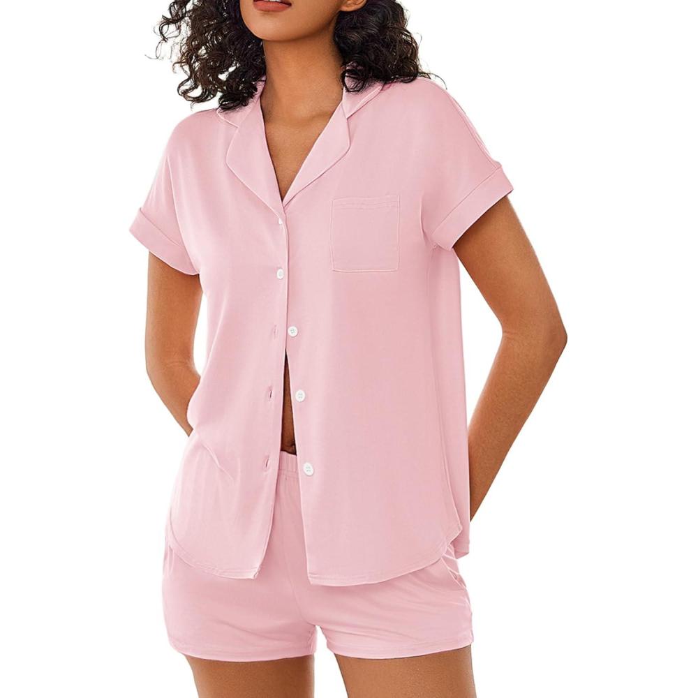 imageEkouaer Womens Button Down Pajamas Set 2 Piece Sleepwear Short Sleeve Pjs Soft Stripe Lounge SetsPink