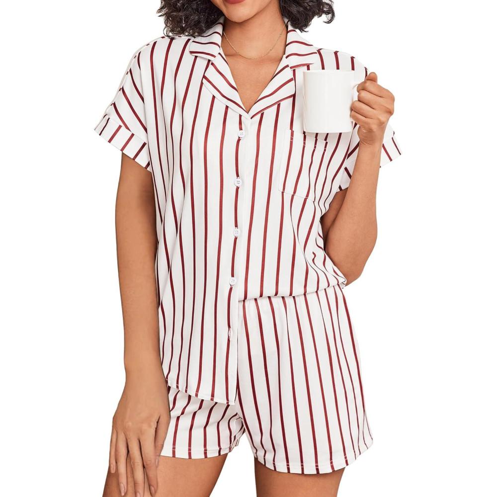 imageEkouaer Womens Button Down Pajamas Set 2 Piece Sleepwear Short Sleeve Pjs Soft Stripe Lounge SetsRed White Stripe