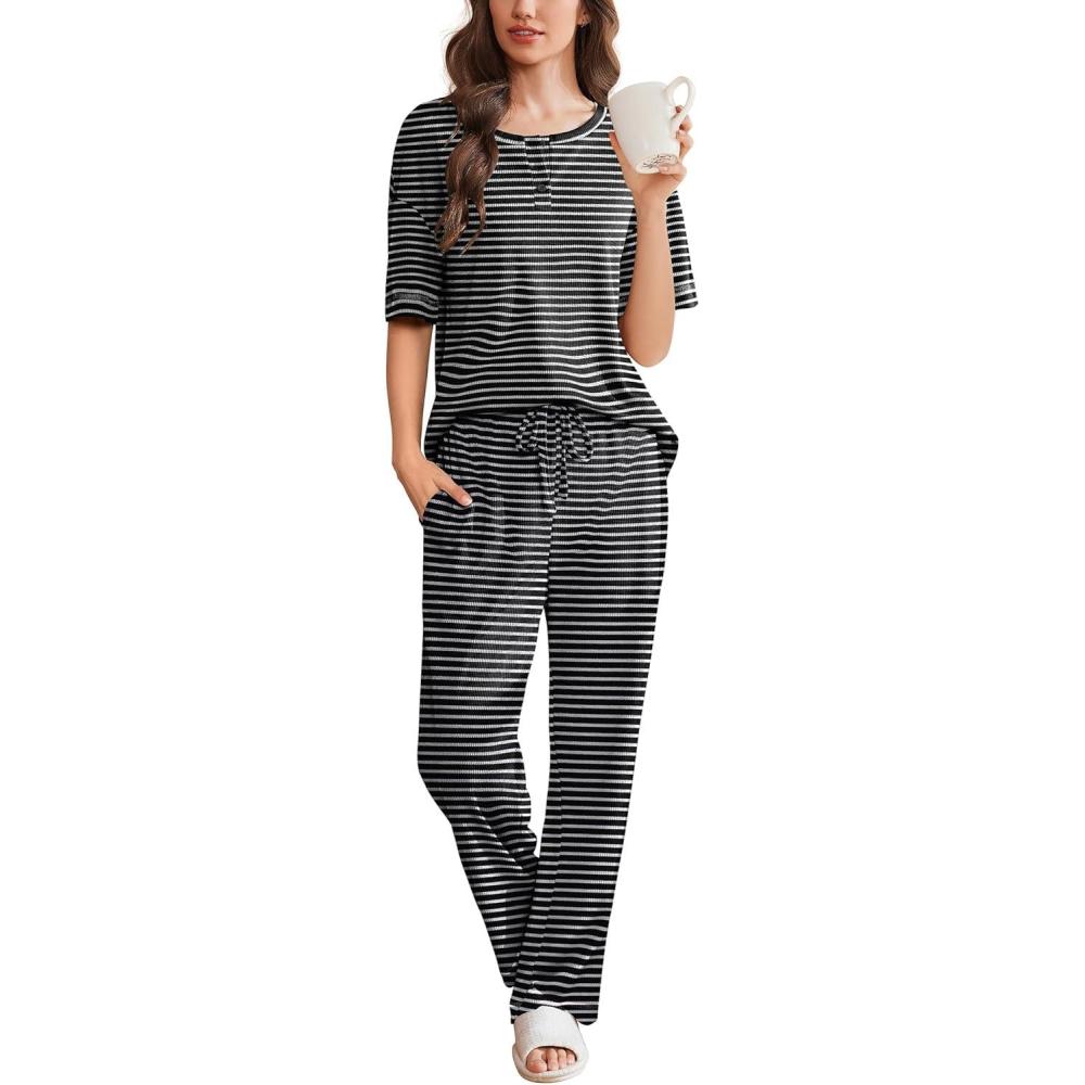 imageEkouaer Womens Pajama Sets Waffle Knit Pajamas for Women Set Loungewear 2 Piece Pjs with Pockets Short Sleeve Top Long PantStripeblack White
