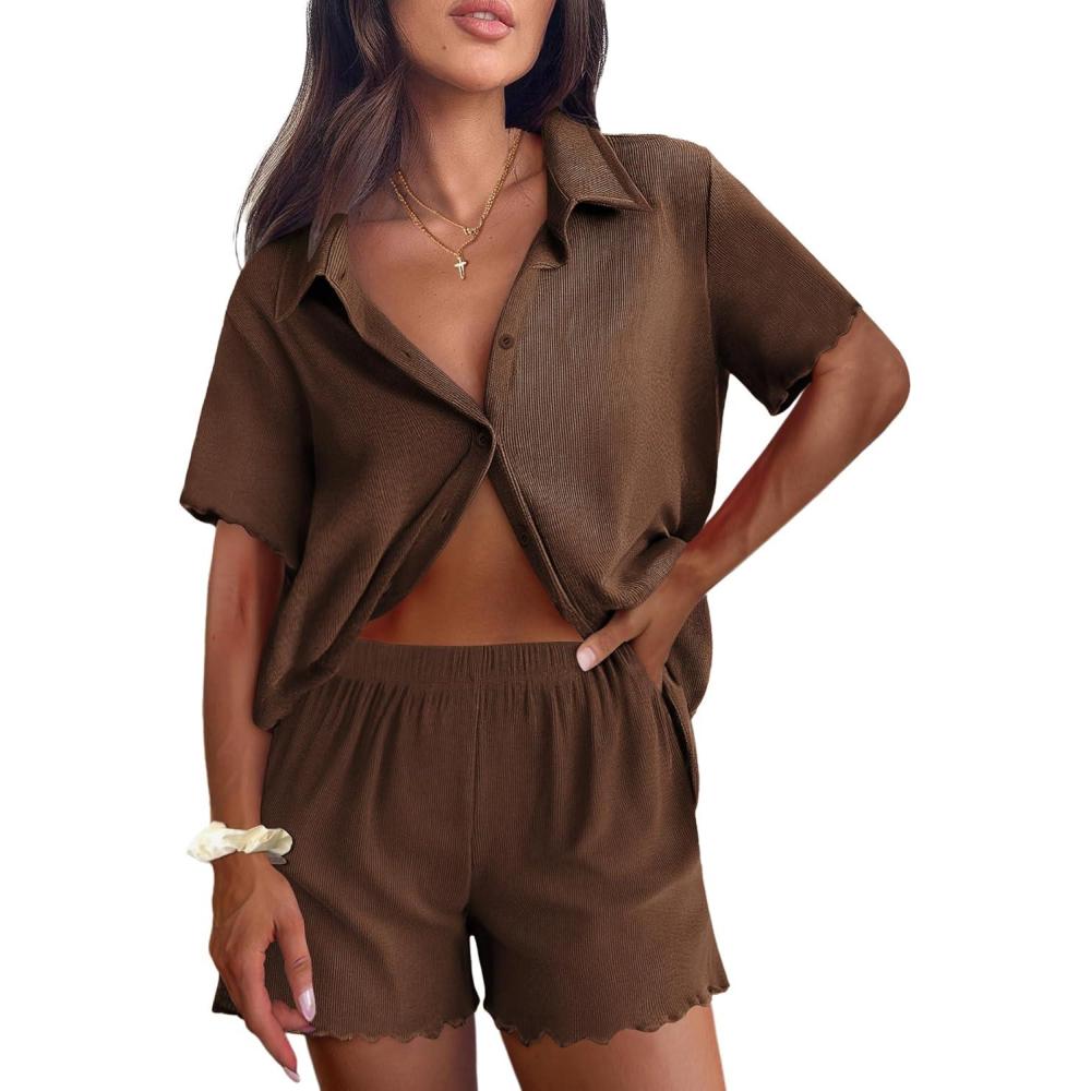 imageEkouaer Womens Ribbed Knit Lounge Set Short Sleeve Button Down Top and Shorts Pajama Set 2 Piece Sleepwear Outfits SetBrown