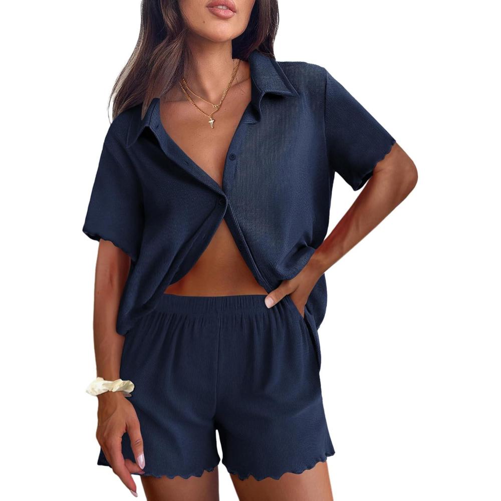 imageEkouaer Womens Ribbed Knit Lounge Set Short Sleeve Button Down Top and Shorts Pajama Set 2 Piece Sleepwear Outfits SetNavy Blue