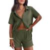 imageEkouaer Womens Ribbed Knit Lounge Set Short Sleeve Button Down Top and Shorts Pajama Set 2 Piece Sleepwear Outfits SetArmy Green