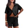 imageEkouaer Womens Ribbed Knit Lounge Set Short Sleeve Button Down Top and Shorts Pajama Set 2 Piece Sleepwear Outfits SetBlack