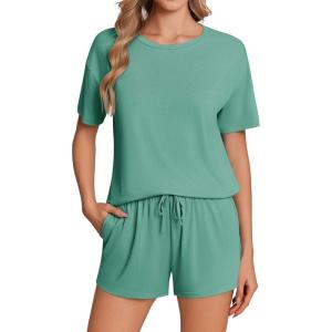 imageEkouaer Pajama Set for Women Viscose from Bamboo Short Sleeve Tops and Shorts Set 2 Piece Lounge SetGreen