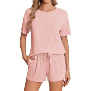 imageEkouaer Pajama Set for Women Viscose from Bamboo Short Sleeve Tops and Shorts Set 2 Piece Lounge SetPink