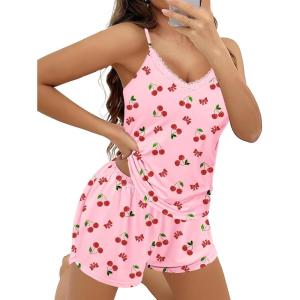imageEkouaer Pajama Sets for Women 2 Piece Soft Lingerie Sleepwear Cute Print Cami Pj Shorts Set Lace NightwearCherry