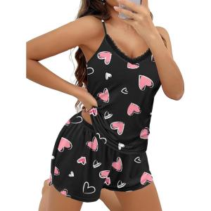 imageEkouaer Pajama Sets for Women 2 Piece Soft Lingerie Sleepwear Cute Print Cami Pj Shorts Set Lace NightwearPink Heart