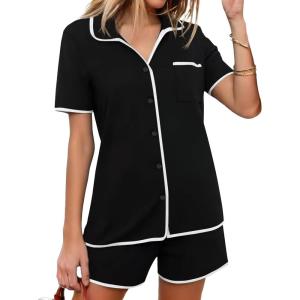imageEkouaer Pajamas Set for Women Short Sleeve Casual Sleepwear Button Down Pj Sets Shorts Soft Loungewear for SummerSXXLBlack