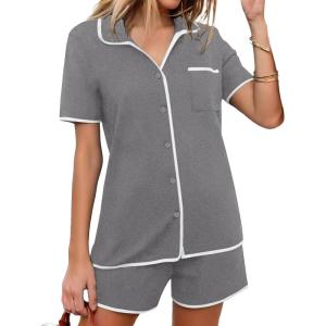 imageEkouaer Pajamas Set for Women Short Sleeve Casual Sleepwear Button Down Pj Sets Shorts Soft Loungewear for SummerSXXLGrey