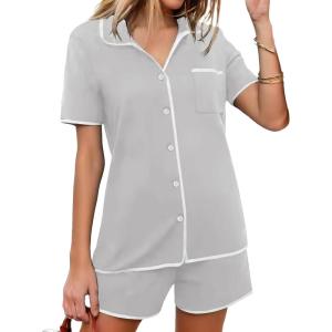 imageEkouaer Pajamas Set for Women Short Sleeve Casual Sleepwear Button Down Pj Sets Shorts Soft Loungewear for SummerSXXLLight Grey