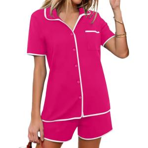 imageEkouaer Pajamas Set for Women Short Sleeve Casual Sleepwear Button Down Pj Sets Shorts Soft Loungewear for SummerSXXLRose Red