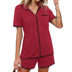 imageEkouaer Pajamas Set for Women Short Sleeve Casual Sleepwear Button Down Pj Sets Shorts Soft Loungewear for SummerSXXLWine Red