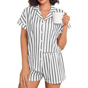 imageEkouaer Womens Button Down Pajamas Set 2 Piece Sleepwear Short Sleeve Pjs Soft Stripe Lounge SetsBlack White Stripe
