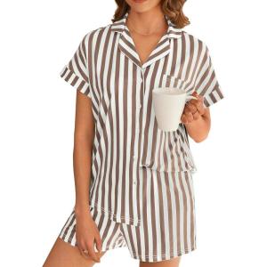 imageEkouaer Womens Button Down Pajamas Set 2 Piece Sleepwear Short Sleeve Pjs Soft Stripe Lounge SetsYellow White Stripe