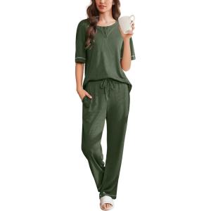 imageEkouaer Womens Pajama Sets Waffle Knit Pajamas for Women Set Loungewear 2 Piece Pjs with Pockets Short Sleeve Top Long PantArmy Green