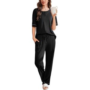 imageEkouaer Womens Pajama Sets Waffle Knit Pajamas for Women Set Loungewear 2 Piece Pjs with Pockets Short Sleeve Top Long PantBlack