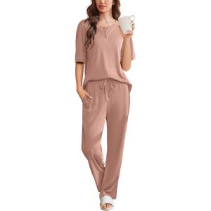 imageEkouaer Womens Pajama Sets Waffle Knit Pajamas for Women Set Loungewear 2 Piece Pjs with Pockets Short Sleeve Top Long PantLotus Root Pink