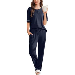 imageEkouaer Womens Pajama Sets Waffle Knit Pajamas for Women Set Loungewear 2 Piece Pjs with Pockets Short Sleeve Top Long PantNavy