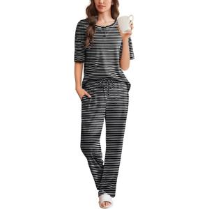 imageEkouaer Womens Pajama Sets Waffle Knit Pajamas for Women Set Loungewear 2 Piece Pjs with Pockets Short Sleeve Top Long PantStripeblack White